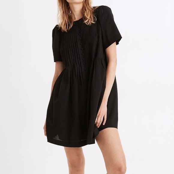 NWT Madewell Lace-Trim Pintuck Button-Front Mini Dress in Black - Picture 1 of 8